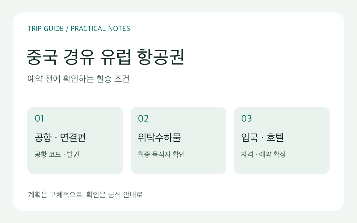 중국 경유 유럽행 예약 확인 항목: 공항과 연결편, 수하물, 입국 및 호텔 조건